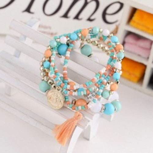 Multilayer Metal Bracelet Colorful Beads Coin Tassel Bracelets For Woman