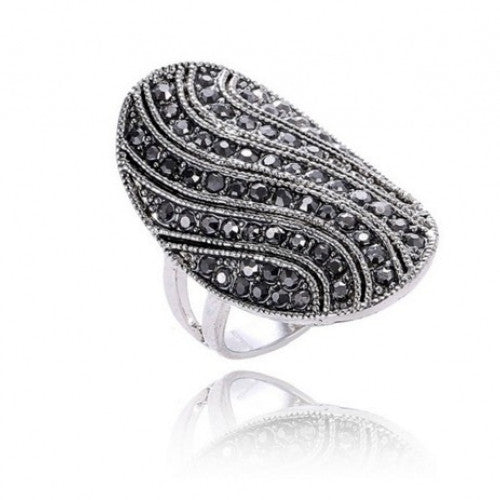 Black Rhinestone Ring For Women Antique Silver Plated Retro